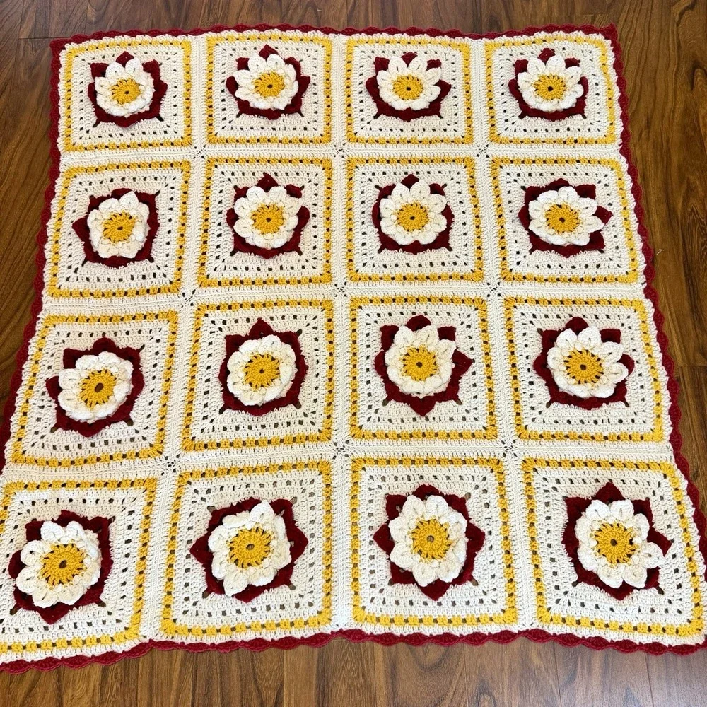 VTG Crochet Granny‎ Square Blanket 3D Floral Throw 48x50 Cottagecore Boho Retro